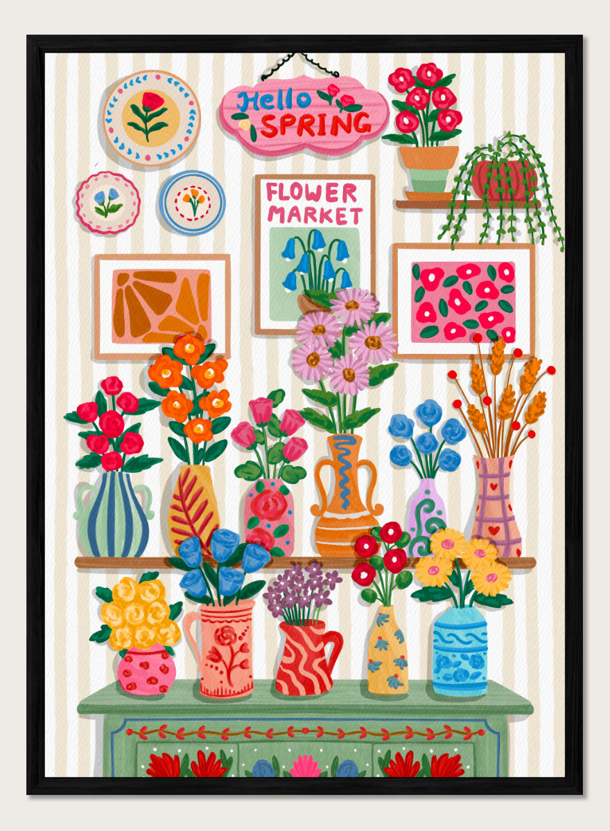 A colorful spring-themed floral wall display illustration featuring vases, framed art, hanging plants, and a sign reading &