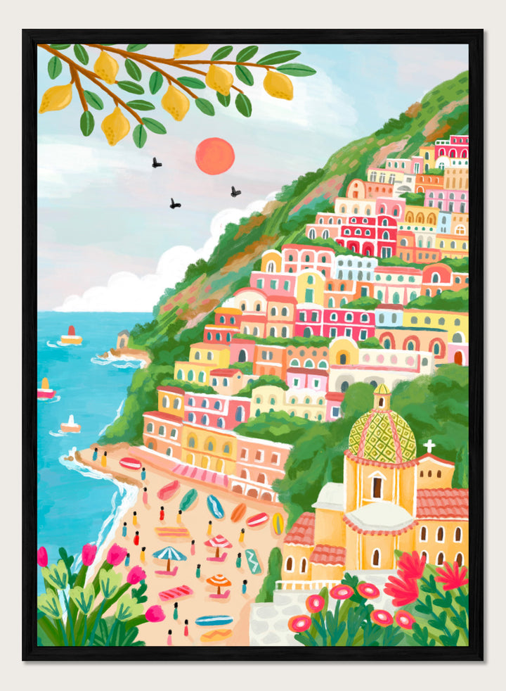 A colorful illustration of a coastal hillside town with tiered pastel buildings, a beach, blue sea, green foliage, and a church dome. Shop Vibrant Seaside Town by Nidhi Kachhadiya, a colorful coastal wall art print inspired by an Italian cliffside village, beach views, and bright Mediterranean color.