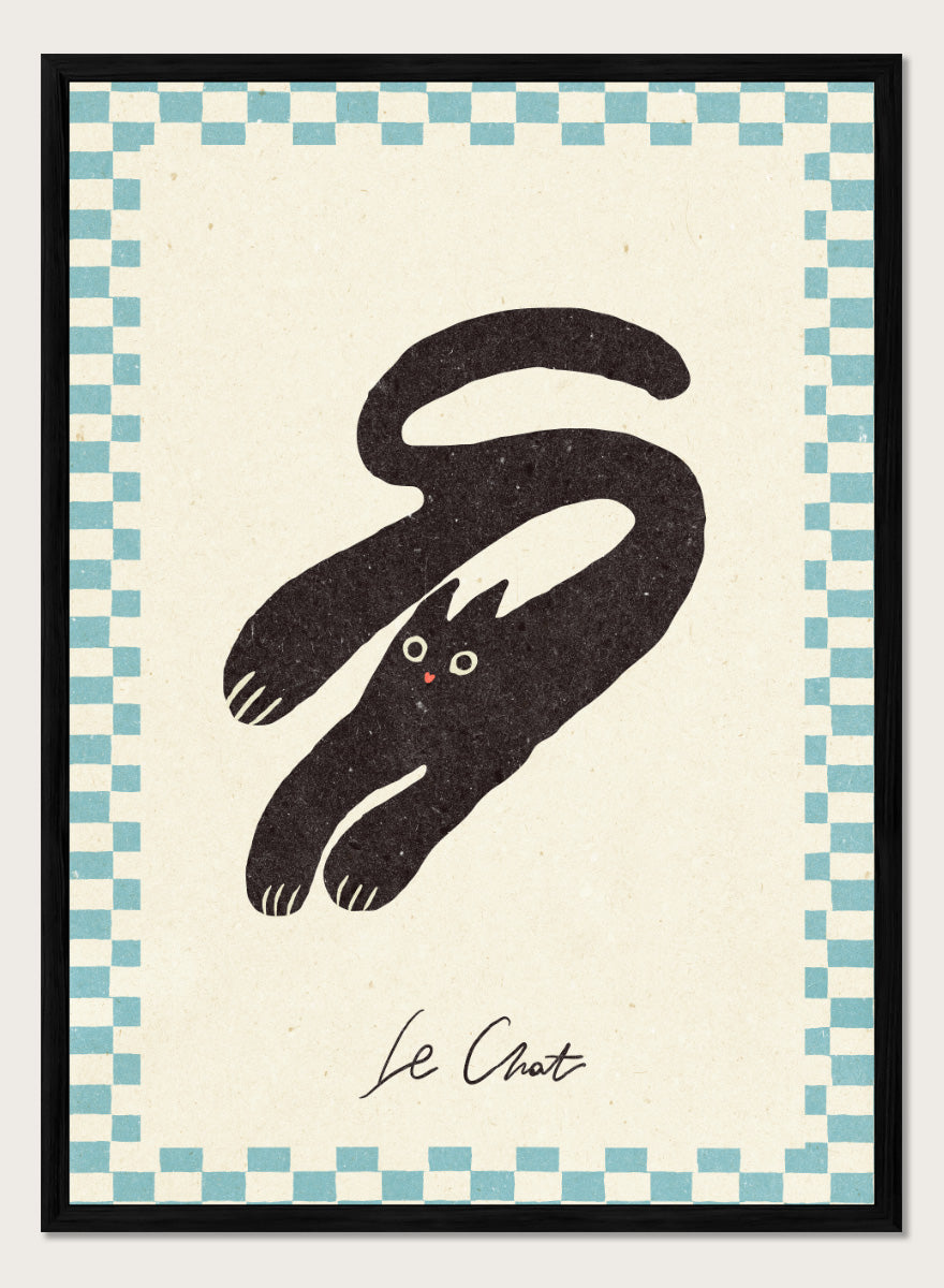 Shop Le Chat No.03 by NKTN, a playful black cat wall art print poster featuring a stretched cat, checkerboard border, and quirky vintage-inspired graphic style.