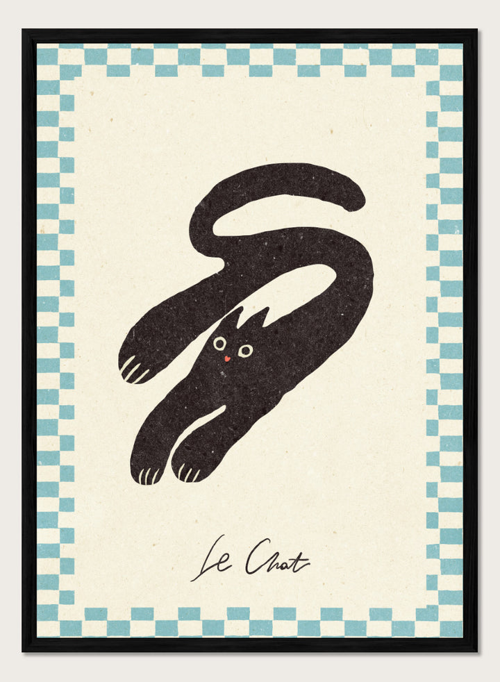 Shop Le Chat No.03 by NKTN, a playful black cat wall art print poster featuring a stretched cat, checkerboard border, and quirky vintage-inspired graphic style.