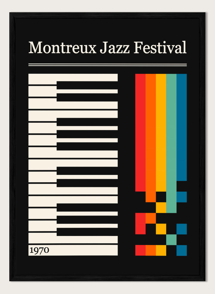 Montreux Jazz Festival 1970 poster design with a black background, white piano keys on the left, a vertical rainbow stripe graphic on the right, and the festival title at the top. Colorful Jazz Keyboard by Retrodrome retro music art print featuring piano keys, Montreux Jazz Festival typography, and bold 1970s color blocks.