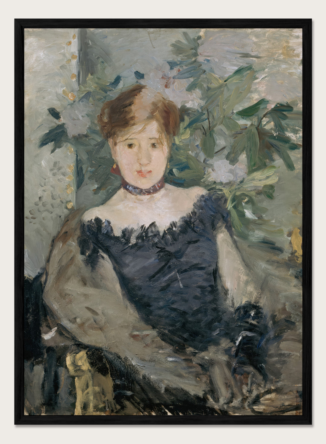 Le Corsage Noir by Berthe Morisot is a vintage Impressionist portrait print of a young woman in a black bodice, red ribbon, and white flowers behind her.