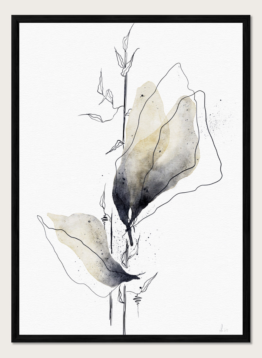 Minimalist watercolor and ink botanical art print featuring abstract leaves and stems on a white background. Shop Watercolor Botanical Elegance by Ankie Kooi, a botanical wall art print poster with abstract watercolor leaves, minimalist line art, yellow, gray, and cream.