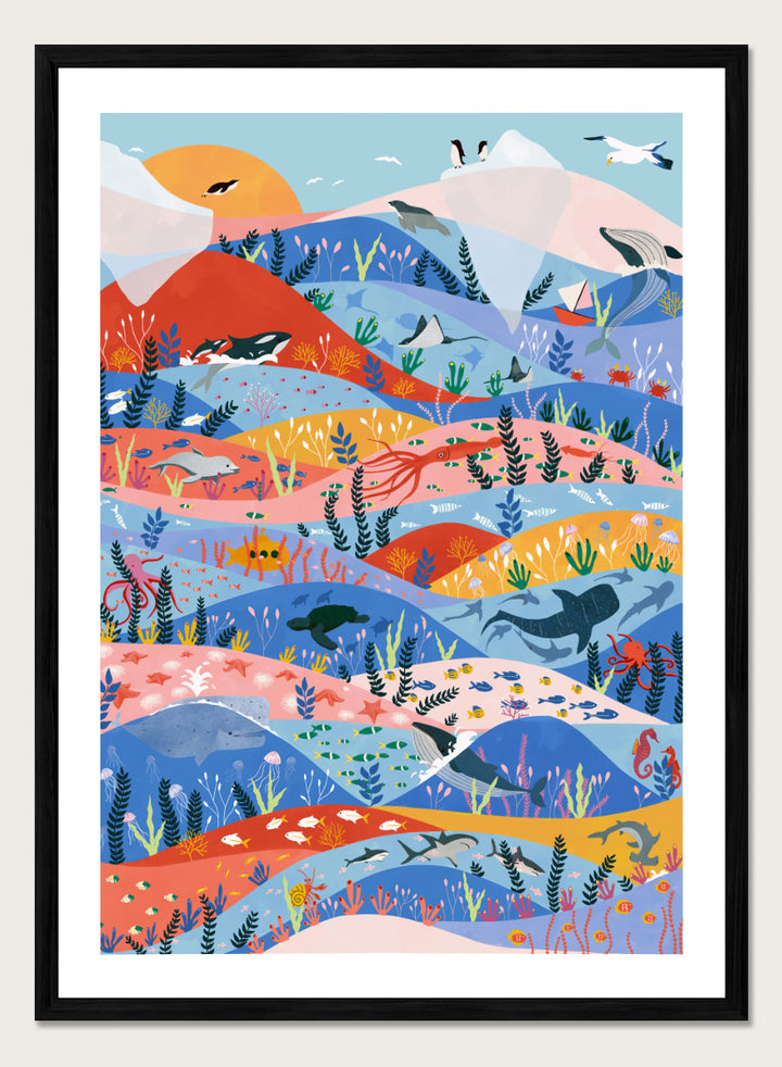 A colorful illustrated art print featuring stylized mountains, sea life, and coastal scenery in layered wavy bands of blue, pink, orange, yellow, and green. Vibrant Ocean Life by Ceyda Alasar ocean art print featuring whales, sharks, rays, turtles, coral reefs, sea plants, and colorful marine life.