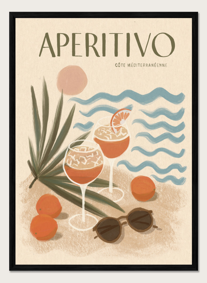 A travel-style poster reading “APERITIVO” with “CÓTE MEDITERRANÉENNE” beneath it, showing illustrated cocktails, citrus fruits, palm leaves, blue ocean waves, and sunglasses on a warm beige background.Aperitivo Beach Day by Katarzyna Gąsiorowska Mediterranean art print featuring spritz cocktails, oranges, sunglasses, and vintage coastal style.