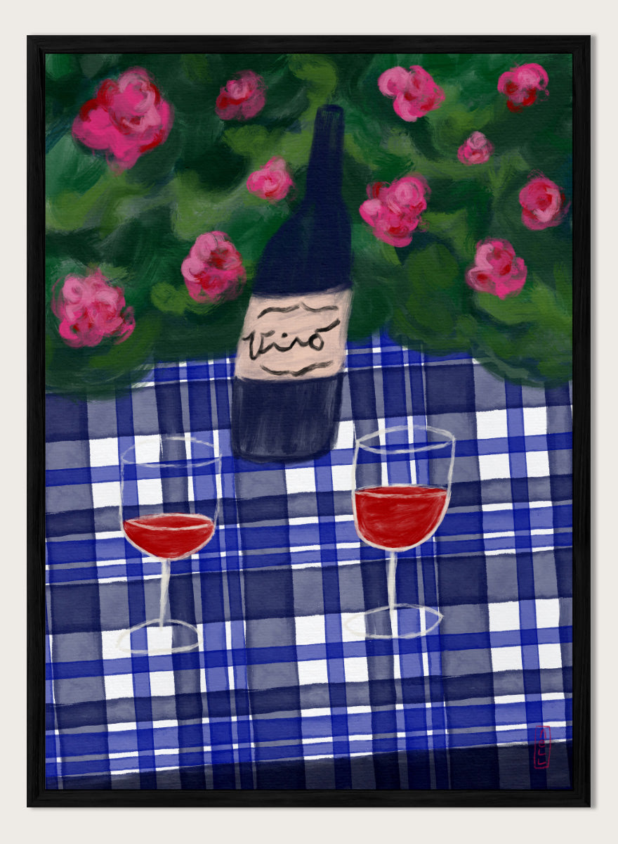 A painted still life scene featuring a dark wine bottle labeled &