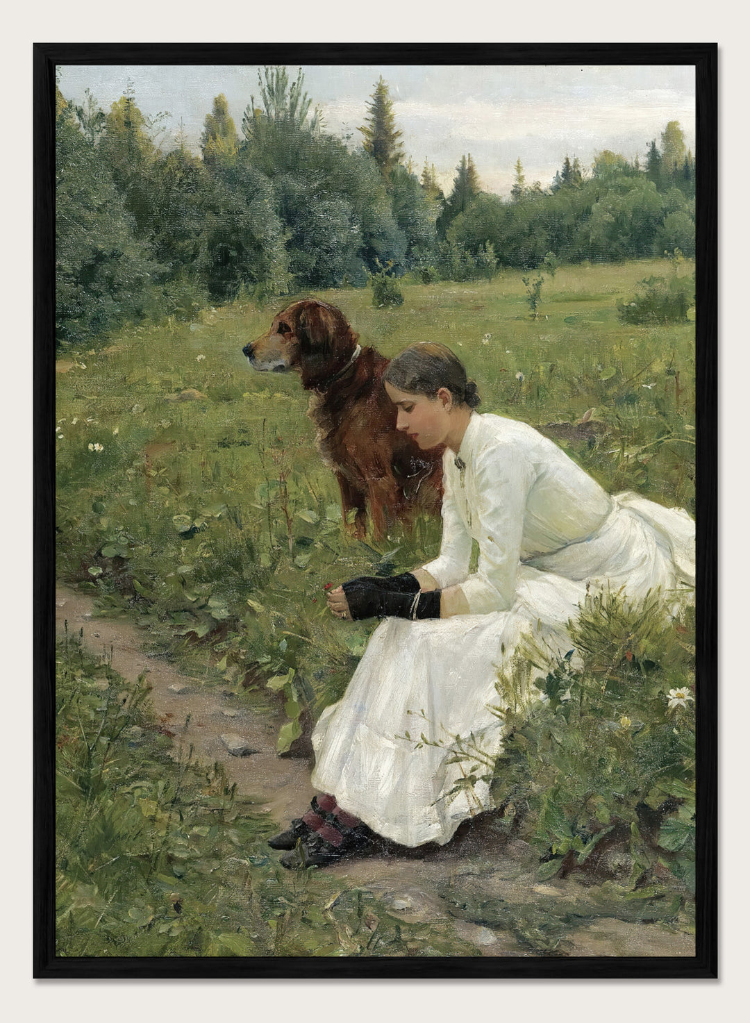 Idyll by Gerhard Munthe is a vintage Norwegian landscape print featuring a woman in a white dress resting with her dog in a green summer meadow.
