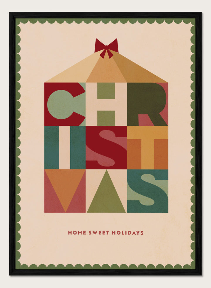 Shop Home Sweet Christmas by Dominique Vari, a retro holiday wall art print poster featuring geometric typography, a festive house, bow, and warm vintage colors.