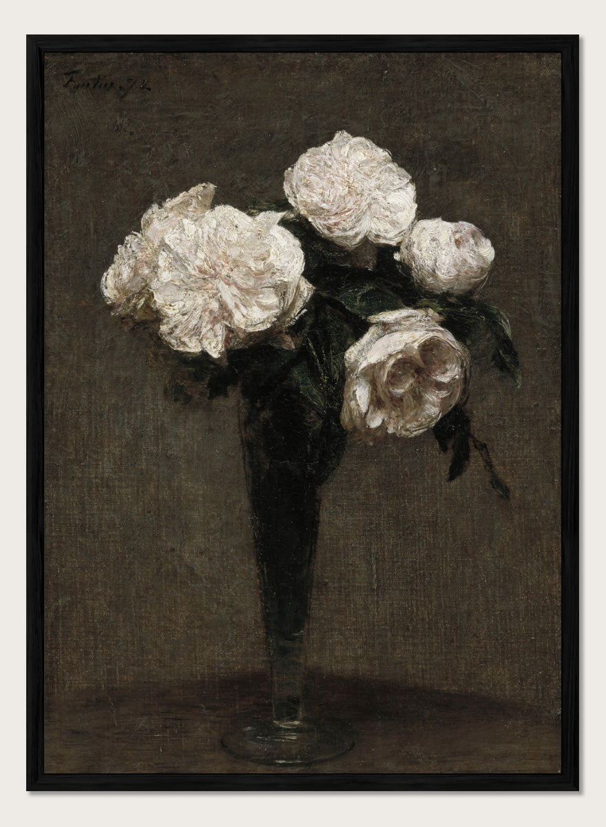 Shop Roses Flowers in a Vase by Henri Fantin-Latour, a vintage floral wall art print poster featuring pale roses in a dark vase against rich brown tones.