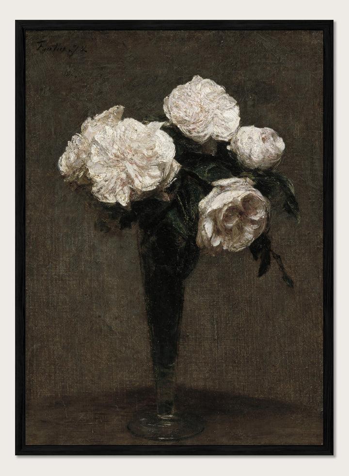 Shop Roses Flowers in a Vase by Henri Fantin-Latour, a vintage floral wall art print poster featuring pale roses in a dark vase against rich brown tones.