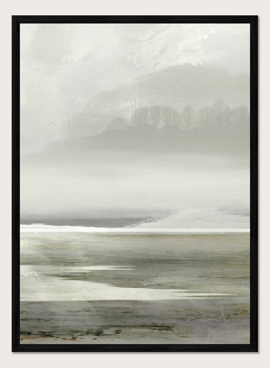 Shop Lakes No. 2 by Dan Hobday, a soft landscape art print featuring misty water, distant hills, bare trees, muted green tones, and layered texture.