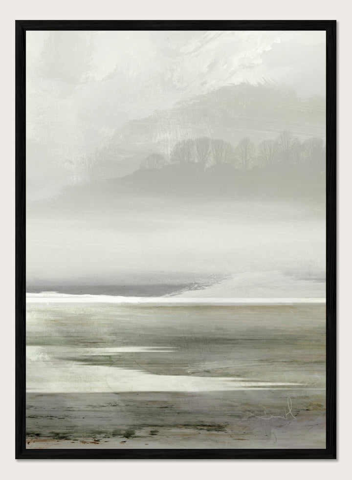 Shop Lakes No. 2 by Dan Hobday, a soft landscape art print featuring misty water, distant hills, bare trees, muted green tones, and layered texture.