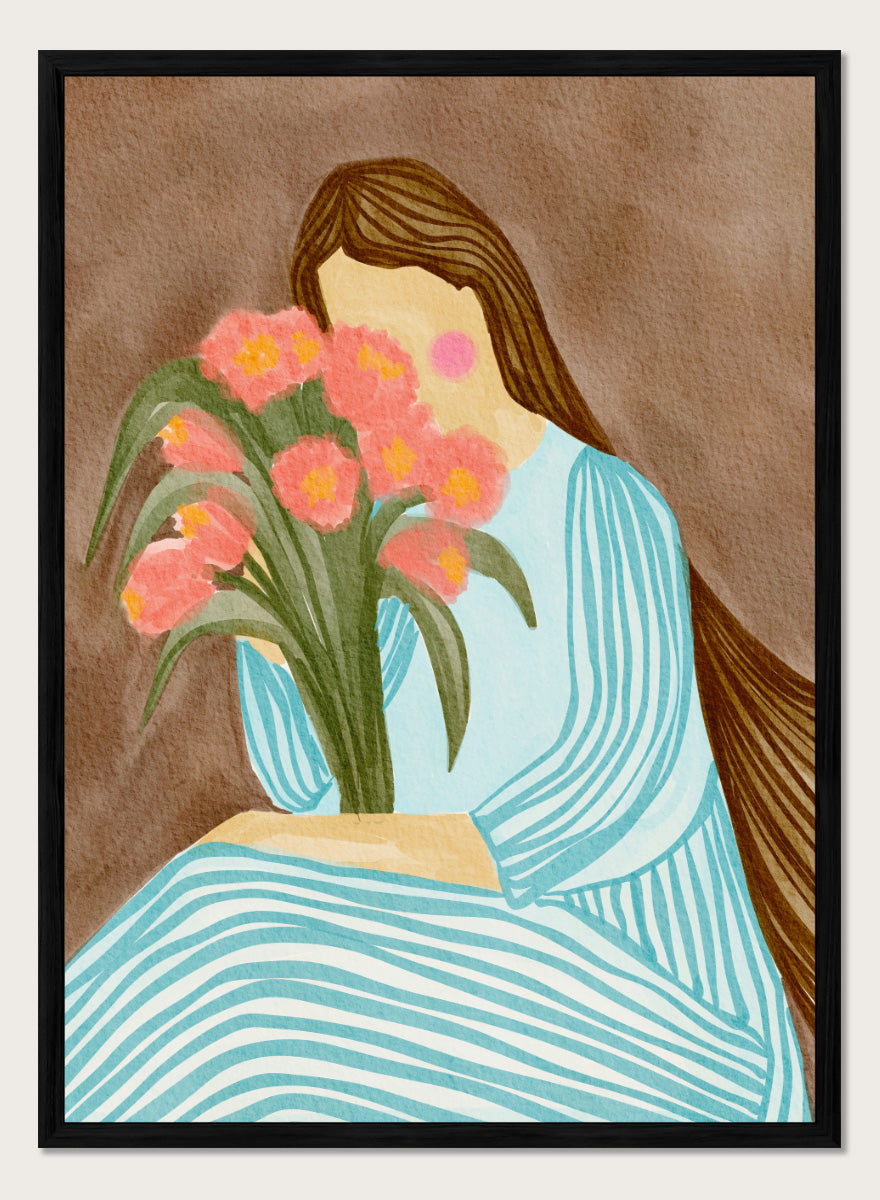 A stylized art print depicting a woman with long brown hair in a light blue striped dress holding a bouquet of pink tulips, set against a textured brown background. Shy Woman Pink Tulips by Nikita Jariwala, a figurative wall art print poster with pink tulips, blue dress illustration, and romantic floral decor.