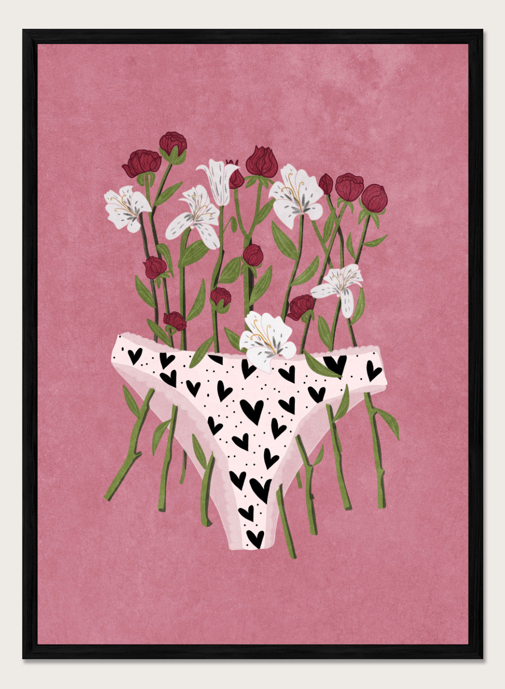 White underwear with black heart patterns surrounded by flowers on a pink background. Blooming Slip by Raissa Oltmanns features a feminist illustration of flowers growing from heart-patterned underwear on a pink background. Bold floral art print with strong feminine symbolism.