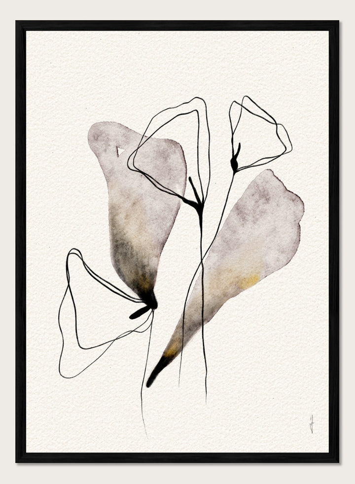 Shop Abstract Watercolor Flora by Ankie Kooi, a modern abstract floral wall art print poster with minimalist flower line art, botanical forms, soft lavender, and muted gold.