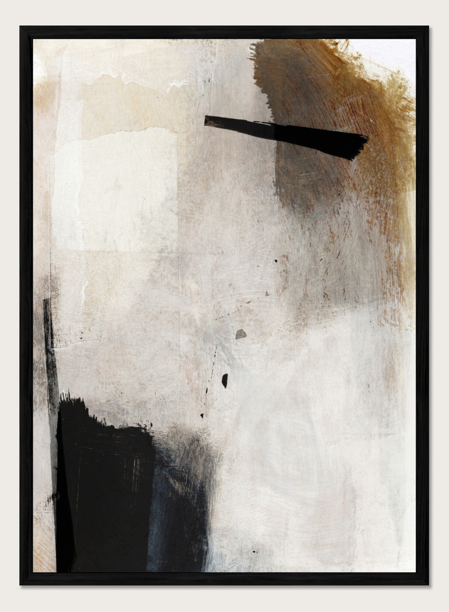 Abstract mixed-media painting with layered off-white, beige, brown, and black brushstrokes. Shop Whole Day by Dan Hobday, a neutral abstract art print with bold black forms, soft earthy tones, layered brushwork, and a modern minimalist feel.