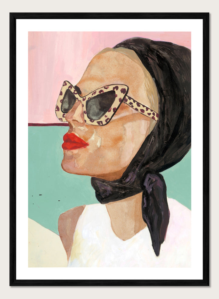 Shop Chic Scarf Sunglasses by Sophia Novosel, a modern female portrait wall art print poster featuring cat-eye sunglasses, red lips, and a black scarf.