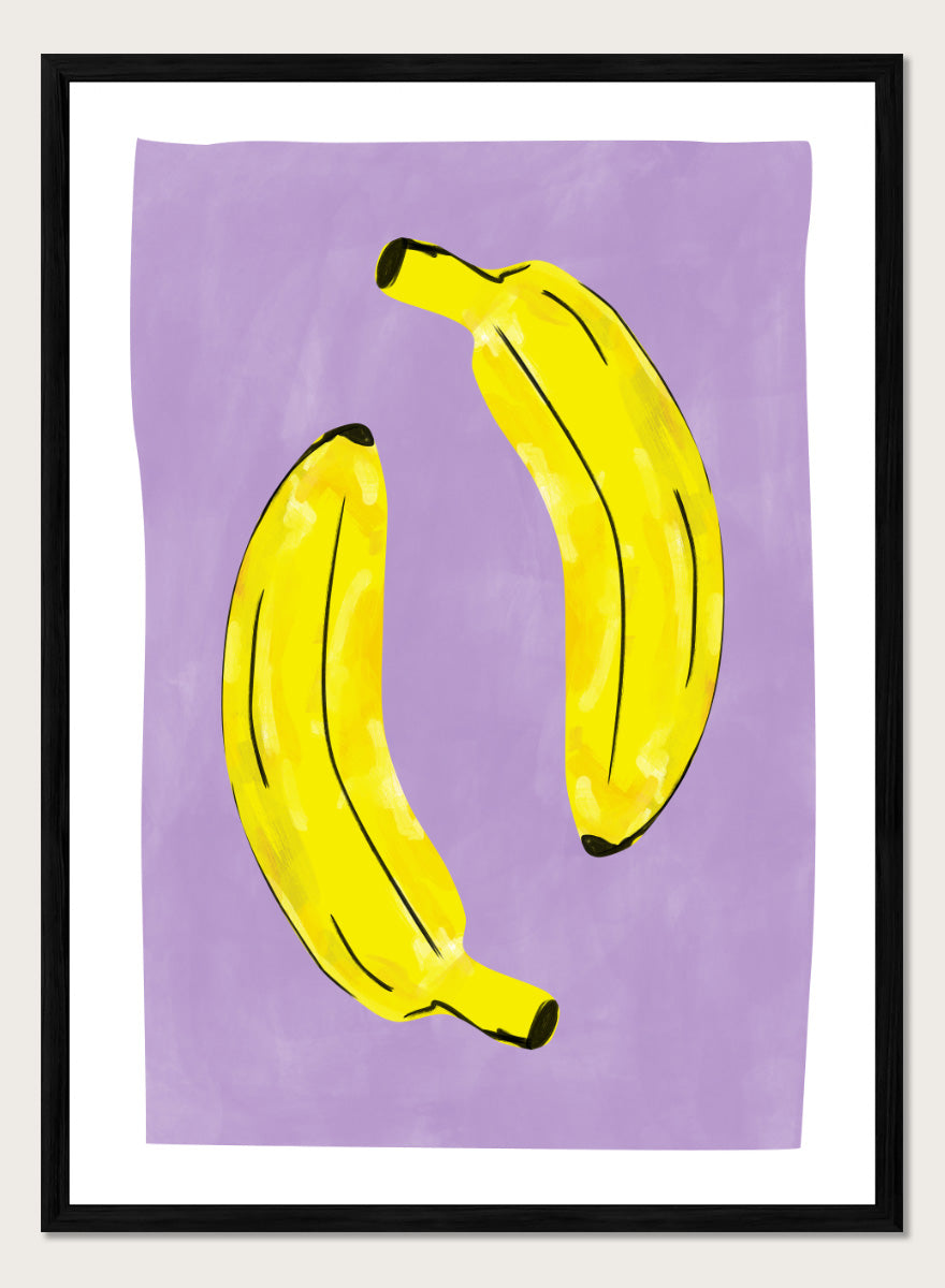 Shop Playful Purple Bananas by Elena Ristova, a colorful banana wall art print poster featuring two bright yellow bananas on a soft purple background with bold black details.
