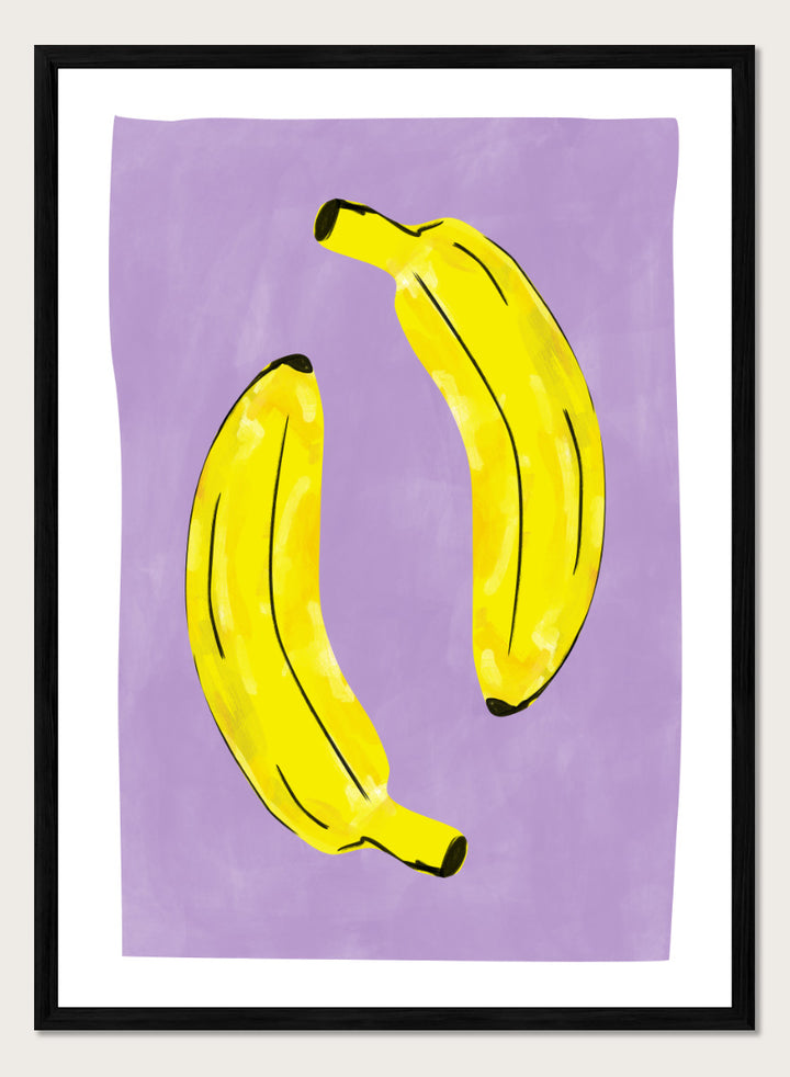 Shop Playful Purple Bananas by Elena Ristova, a colorful banana wall art print poster featuring two bright yellow bananas on a soft purple background with bold black details.