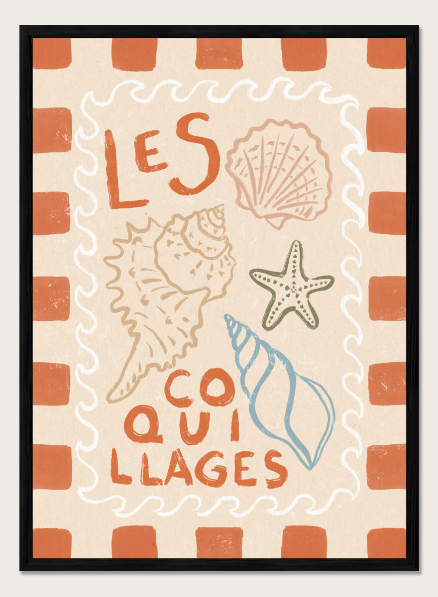 A square decorative print or card with the French text “LES COQUILLAGES” in orange lettering, surrounded by illustrated seashells and a starfish on a cream background with an orange-and-white check border. Rustic French Seashells by Katarzyna Gąsiorowska coastal art print with hand-drawn shells, a starfish, French lettering, and terracotta checks.