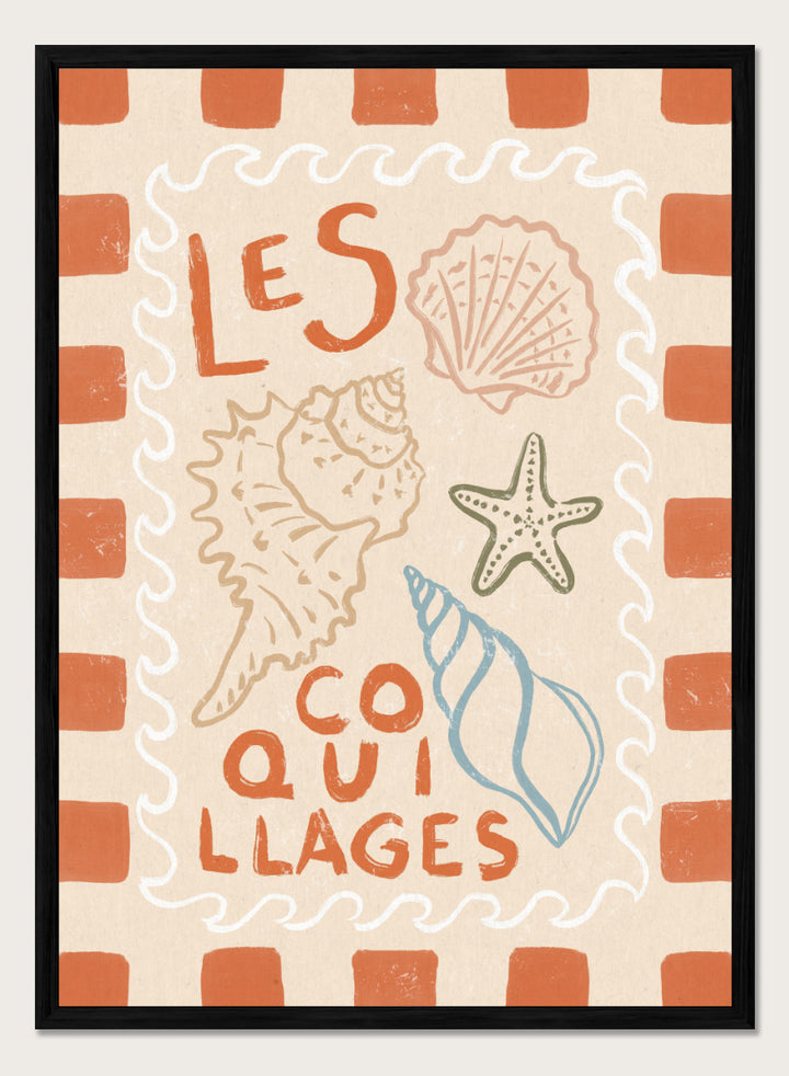 A square decorative print or card with the French text “LES COQUILLAGES” in orange lettering, surrounded by illustrated seashells and a starfish on a cream background with an orange-and-white check border. Rustic French Seashells by Katarzyna Gąsiorowska coastal art print with hand-drawn shells, a starfish, French lettering, and terracotta checks.