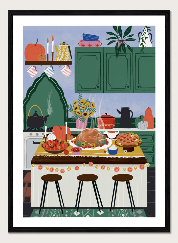A framed art print depicting a cozy, stylized autumn kitchen scene with a large roasted turkey on a table covered in fall dishes, green cabinets, pumpkins, and three bar stools. Cozy Thanksgiving Kitchen by Ceyda Alasar kitchen art print featuring a turkey feast, pie, pumpkins, flowers, candles, and warm autumn decor.