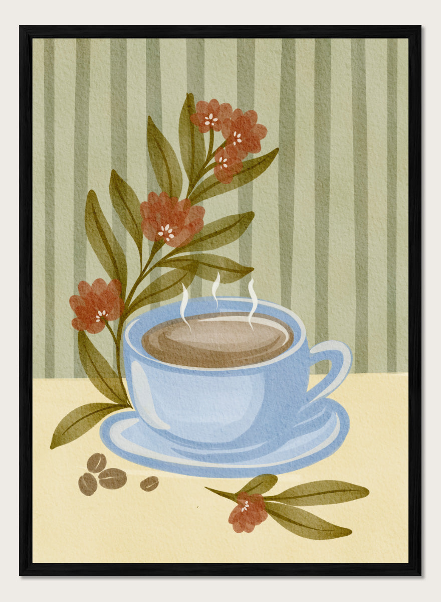 Shop Steaming Coffee Bloom by Nikita Jariwala, a kitchen wall art print poster featuring a blue coffee cup, floral still life, coffee beans, and blue tones.