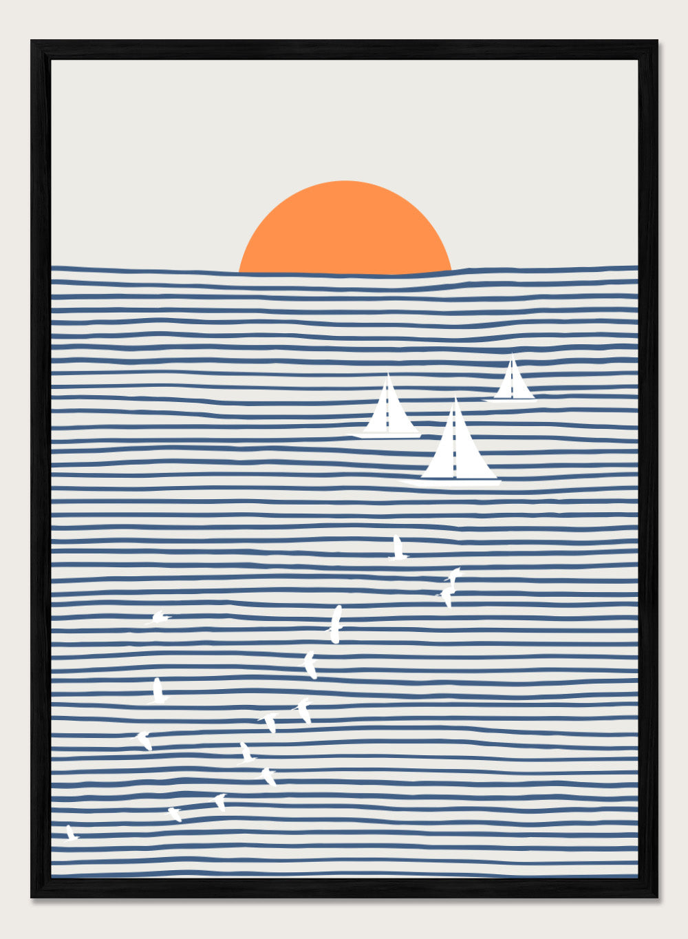 Three White Sails art print by Little Dean. Contemporary coastal wall art with sailboats, birds, striped ocean lines, orange sun, modern illustration poster design.