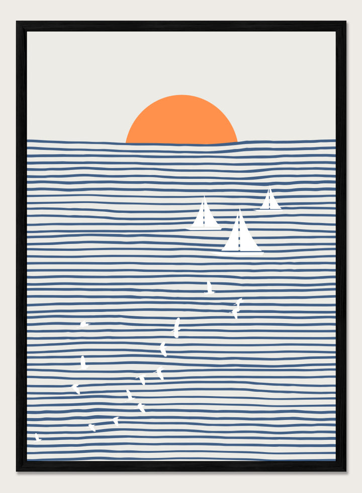Three White Sails art print by Little Dean. Contemporary coastal wall art with sailboats, birds, striped ocean lines, orange sun, modern illustration poster design.