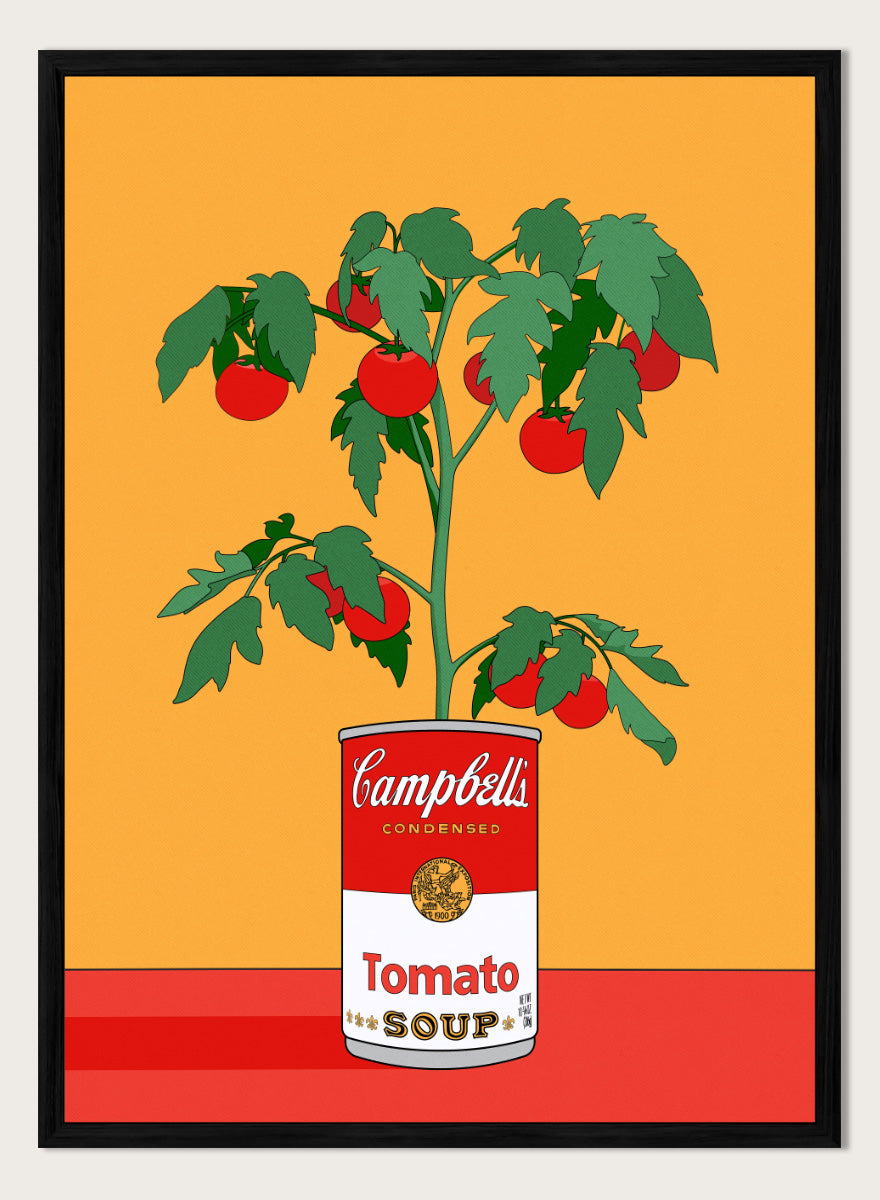 A stylized pop-art illustration of a tomato plant growing out of a Campbell&
