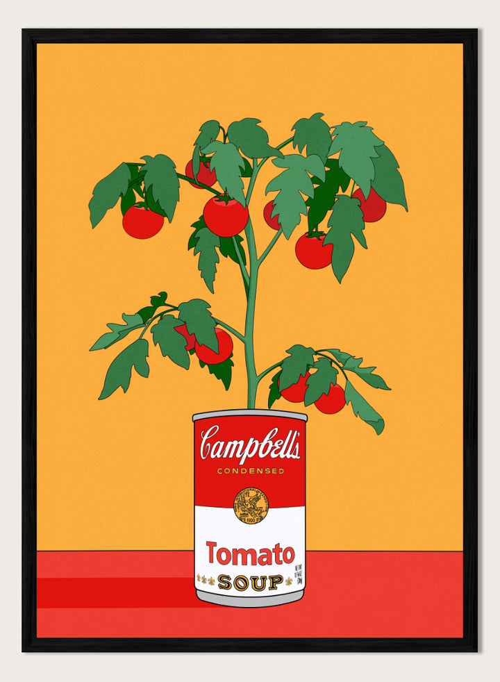 A stylized pop-art illustration of a tomato plant growing out of a Campbell&
