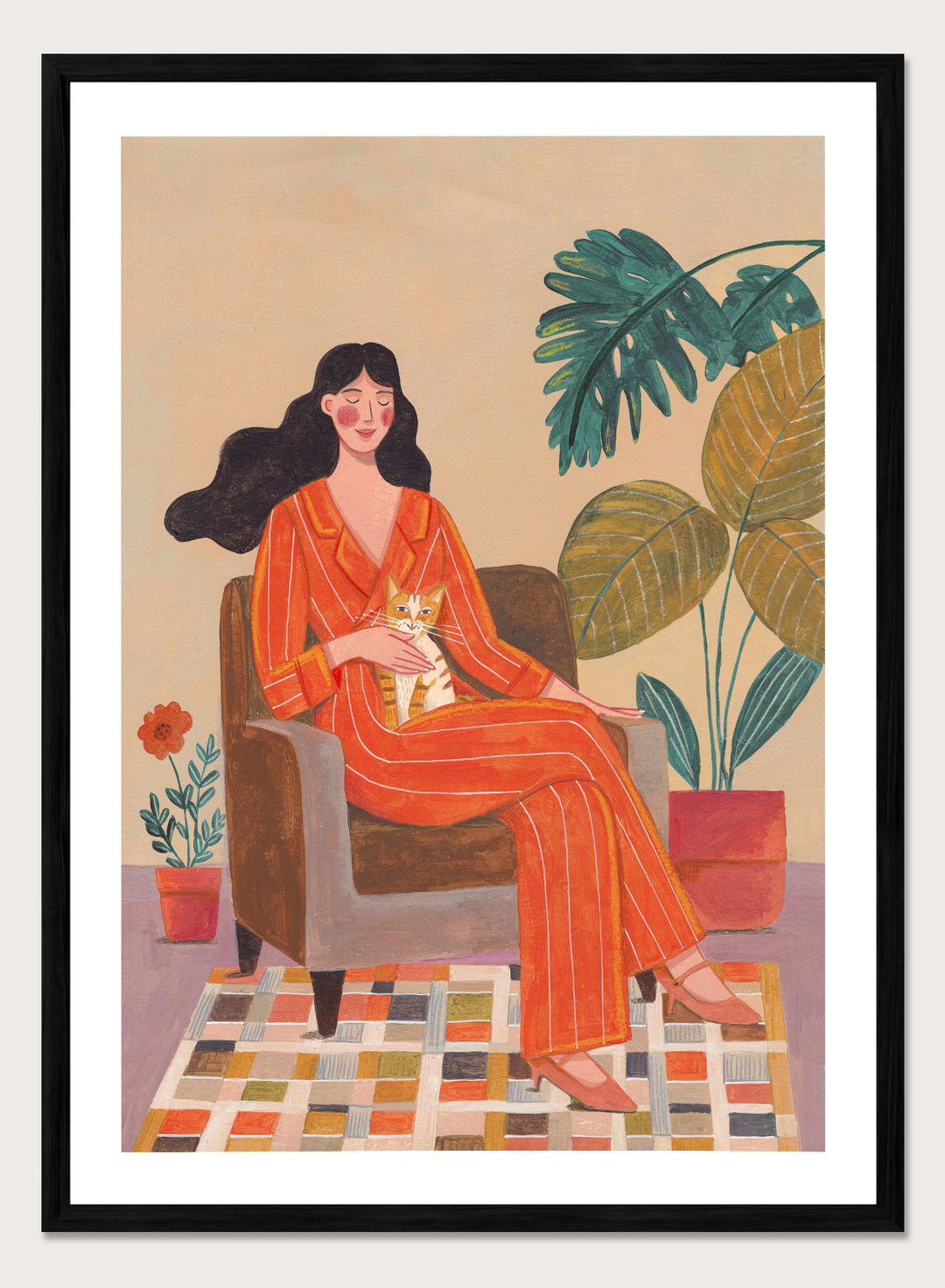 Illustration of a woman in an orange outfit sitting in a chair with plants around her. Cozy Home with Cat by Caroline Bonne Müller is a fine art print and wall poster featuring a woman in an orange outfit sitting with a cat in a warm, plant-filled interior.