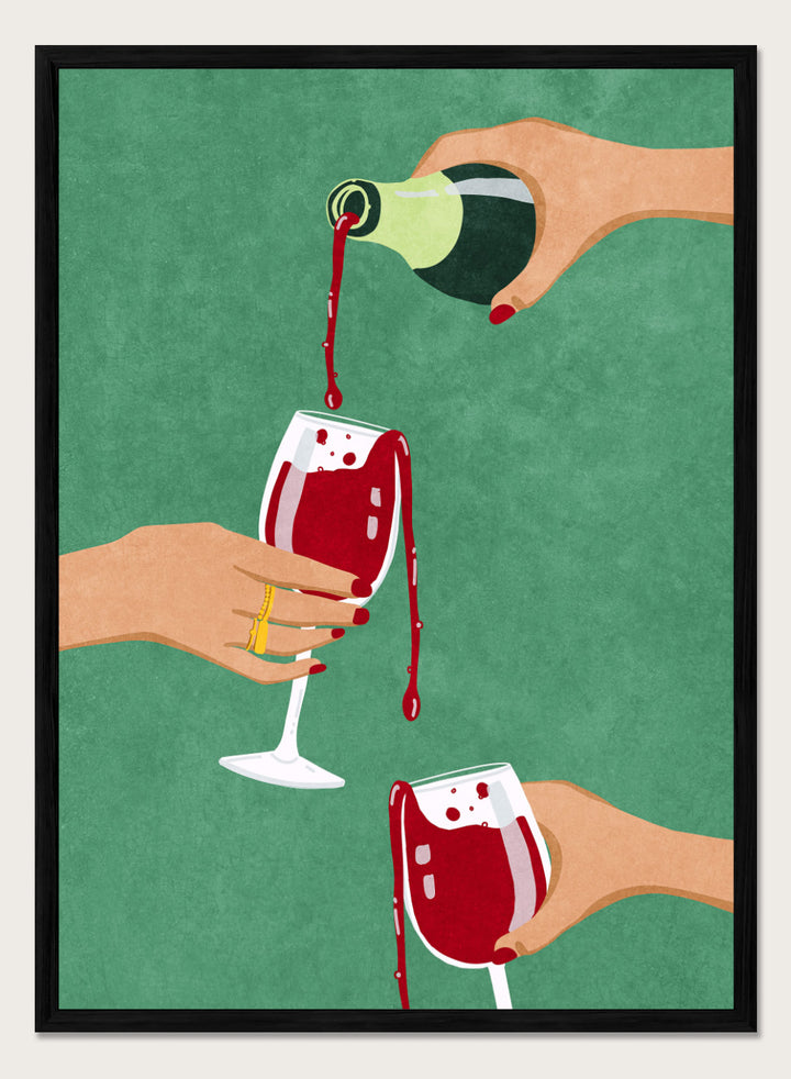 Illustration of hands pouring red wine into glasses on a green background. Cheers Girls by Raissa Oltmanns is a modern wine art print featuring bold red glasses and contemporary girl dinner party wall poster style.