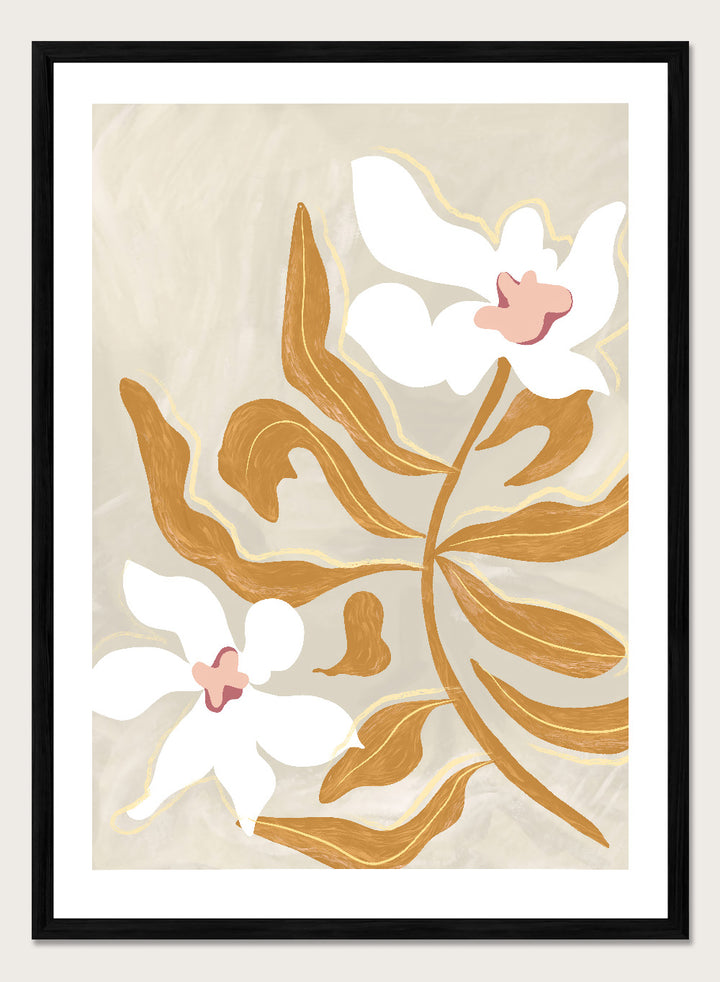 Decorative artwork with stylized flowers on a beige background. Flower Flower Flower by Arty Guava is a modern floral art print with oversized white blossoms and golden leaves. Officially licensed wall poster.