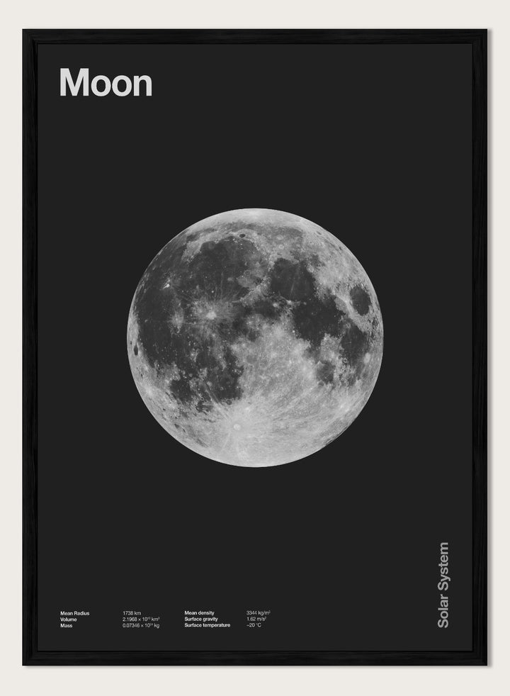 Poster of the moon with 'Moon' text at the top and 'Solar System' text at the bottom. The Full Moon by Florent Bodart is a minimalist space art print with detailed lunar surface, a modern black wall poster inspired by astronomy and science design.