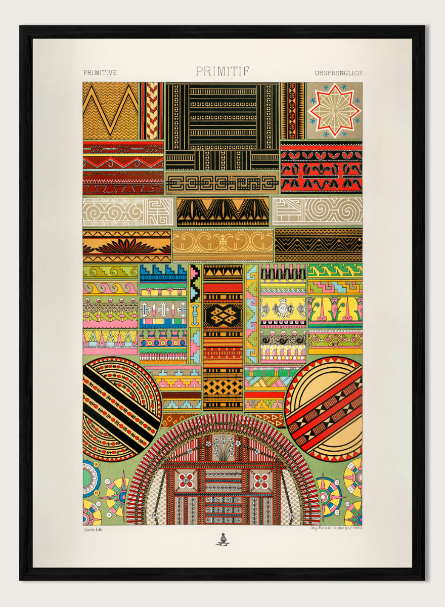Primitive Pattern by Albert Racinet vintage art print featuring colorful geometric, floral and decorative motifs from the 1888 edition of L’Ornement Polychrome.