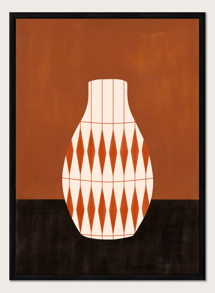 Shop Geometric Orange Vase by Elena Ristova, a modern wall art print poster featuring a cream vase with bold orange diamond patterns and rich rust tones.