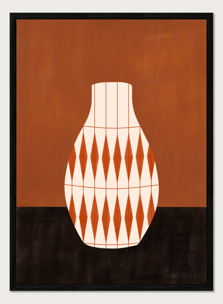 Shop Geometric Orange Vase by Elena Ristova, a modern wall art print poster featuring a cream vase with bold orange diamond patterns and rich rust tones.