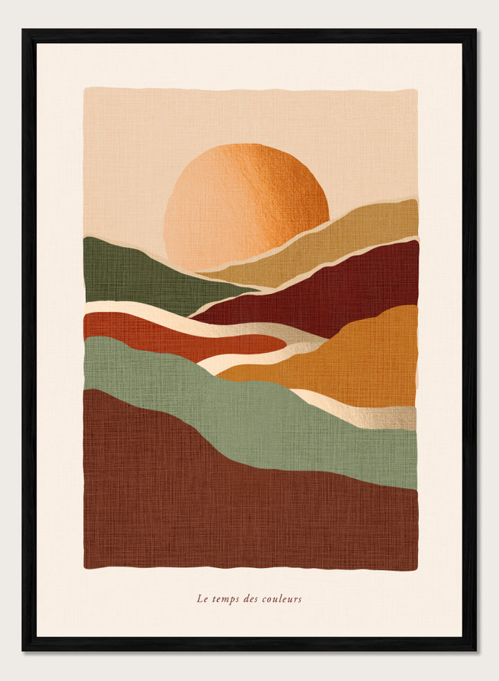 Shop Earthy Sunset Landscape by Dominique Vari, a retro landscape wall art print poster featuring rolling hills, a glowing orange sun, and warm earthy tones.