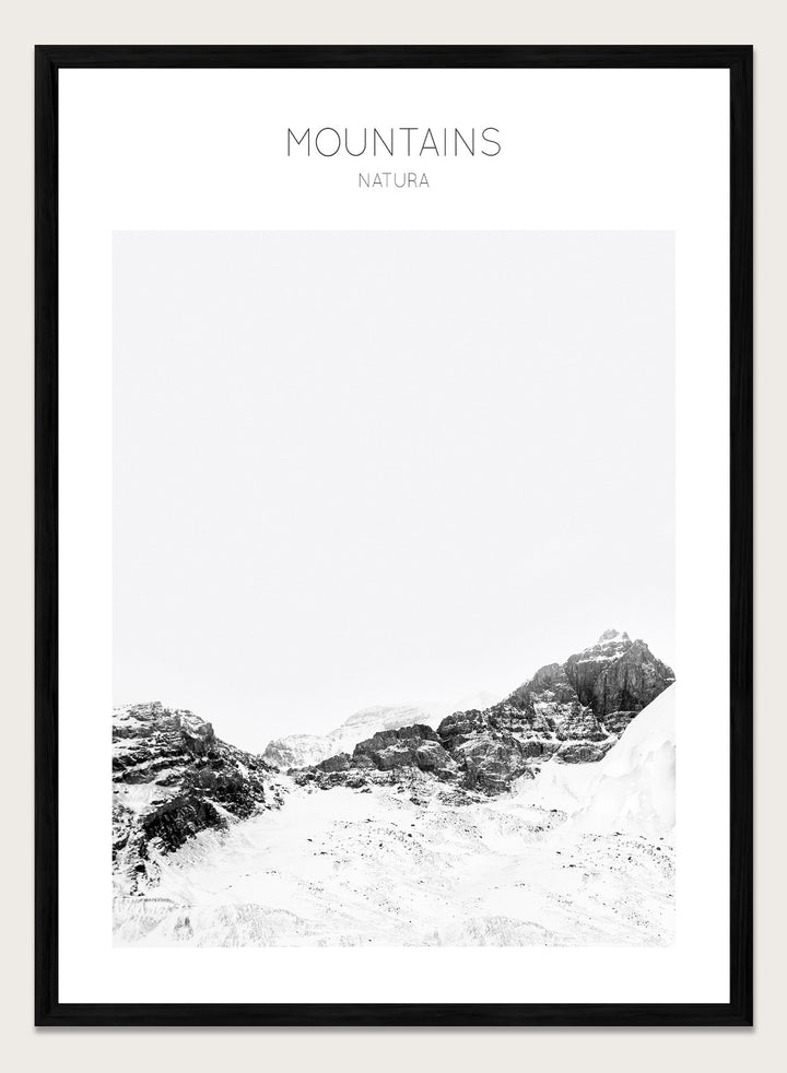 Black and white mountain landscape with 'Mountains Natura' text. Serene Peaks by The MIUUS Studio is a black and white mountain photography art print and wall poster featuring snowy peaks, minimalist composition, and modern neutral design.