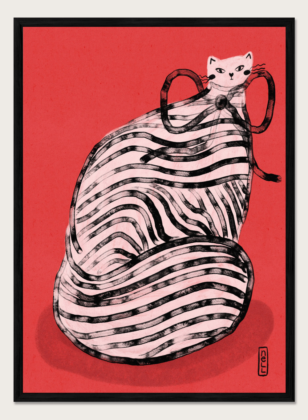 Illustration of a cat inside a ball of yarn on a red background. Black and White Striped Cat by Dirkie Nell is a playful cat art print featuring bold stripes and a red background. A colorful modern animal wall poster.