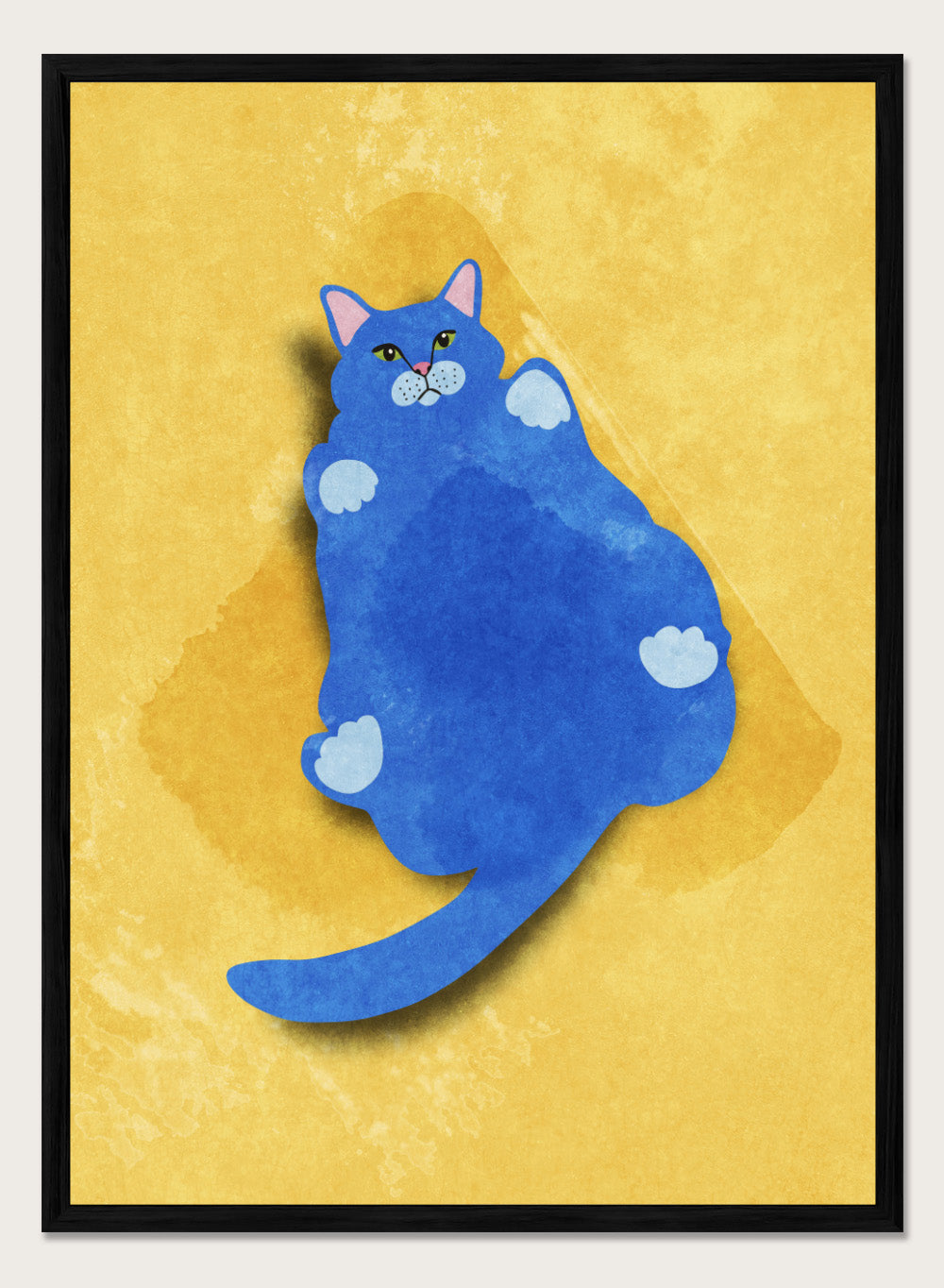 Blue cat illustration on a yellow textured background. Fat Cat by Raissa Oltmanns is a modern cat art print featuring a bold blue feline on yellow background in contemporary wall poster style.