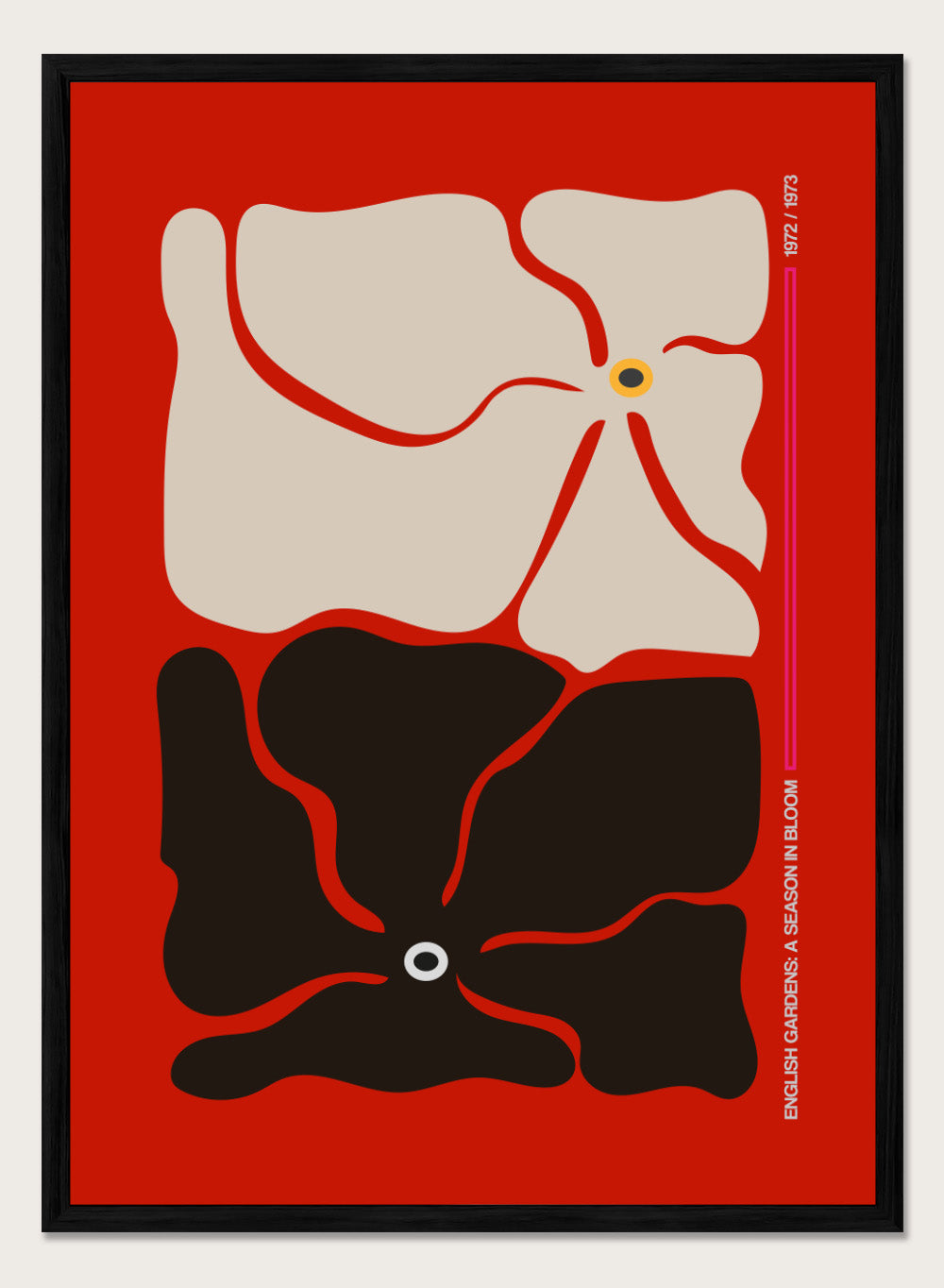 Abstract design with beige and black shapes on a red background. Two By Two Flower Red by Frances Collett is a modern abstract floral art print featuring two bold flowers in red, black, and cream tones. Officially licensed wall poster with optional framing.