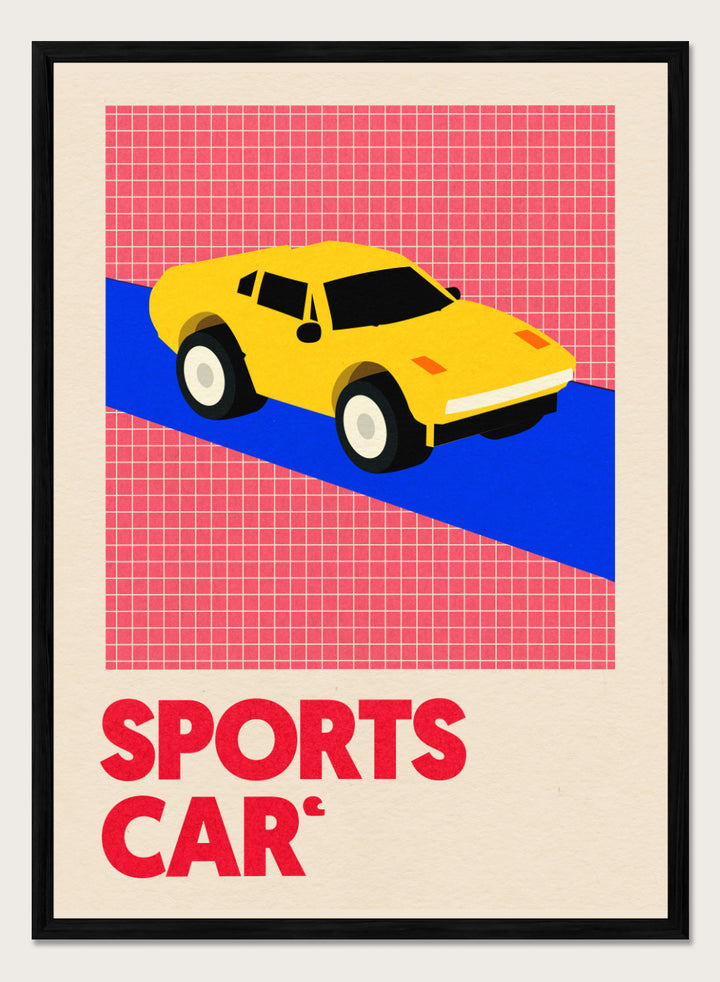 Yellow sports car on a red and blue geometric background with 'SPORTS CAR' text. Sports Car by Rosi Feist is a bold minimalist car art print featuring a bright yellow sports car and graphic typography. Officially licensed Bauhaus-inspired fine art poster with framing.