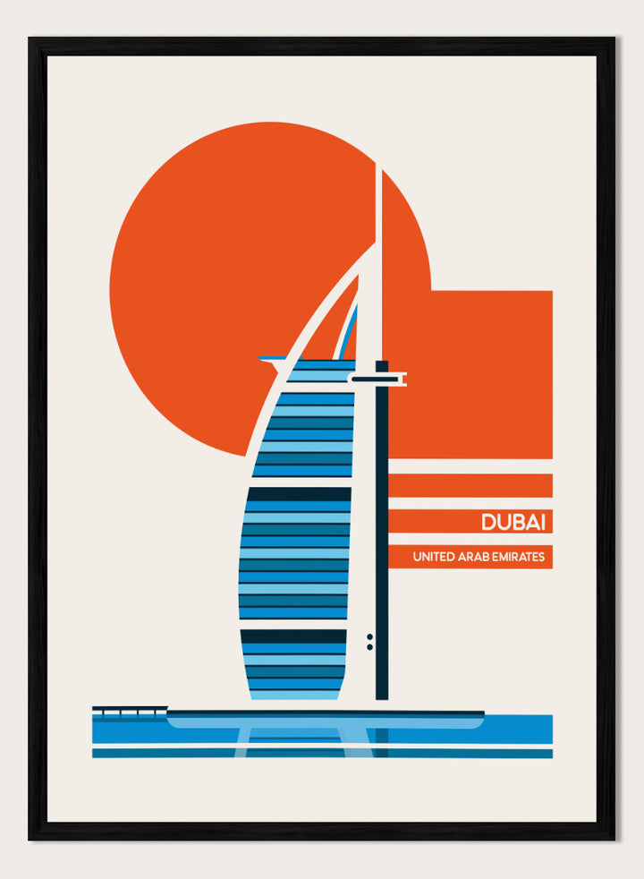 A minimalist travel poster of the Burj Al Arab in Dubai, United Arab Emirates, featuring a stylized blue and white striped hotel silhouette, a large orange sun, and a cream background with the text &