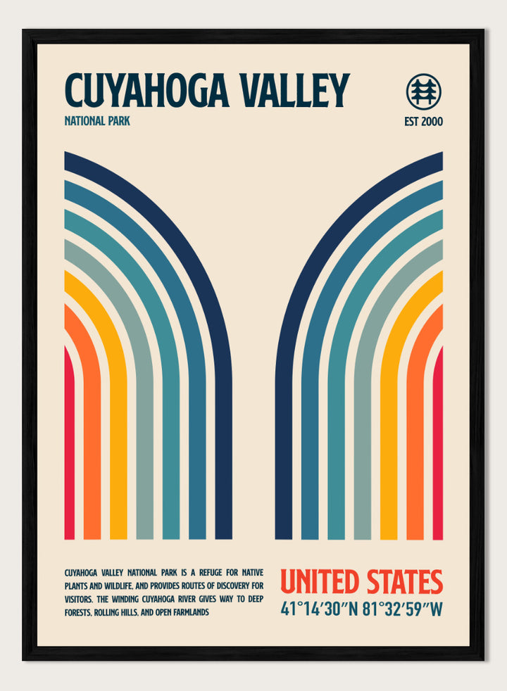 A retro-style poster for Cuyahoga Valley National Park featuring symmetrical rainbow arches in blue, teal, green, yellow, orange, and red on a cream background, with text reading &