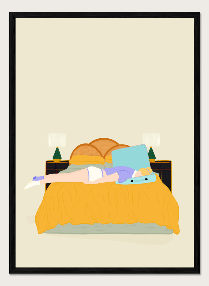 Illustration of a person lying in bed with a blue pillow and yellow blanket on a beige background. Digital Nomad by Jota de Jai is a calm modern art print of a woman resting on a bed with an open suitcase, officially licensed fine art wall poster with framing available.