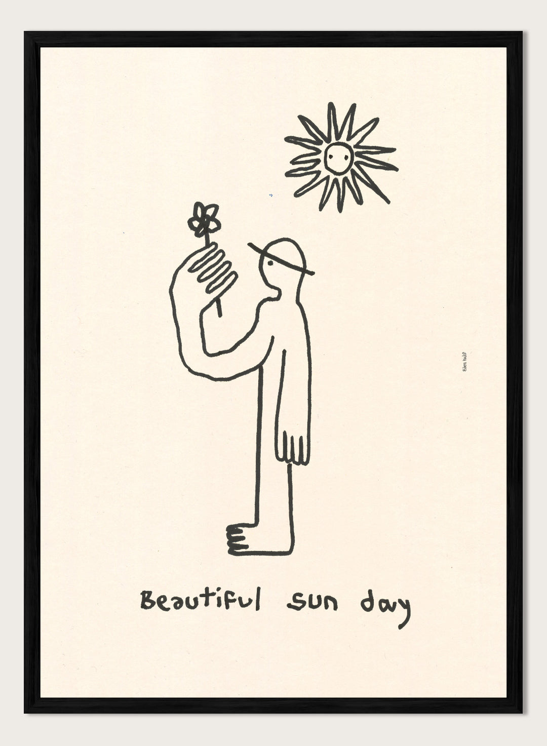 Black line drawing of a person with a flower and a sun, with 'Beautiful sun day' text on a beige background. Untitled by Eden Kalif is a modern line art print of a figure holding a flower under the sun, a contemporary minimalist wall poster with simple expressive drawing.