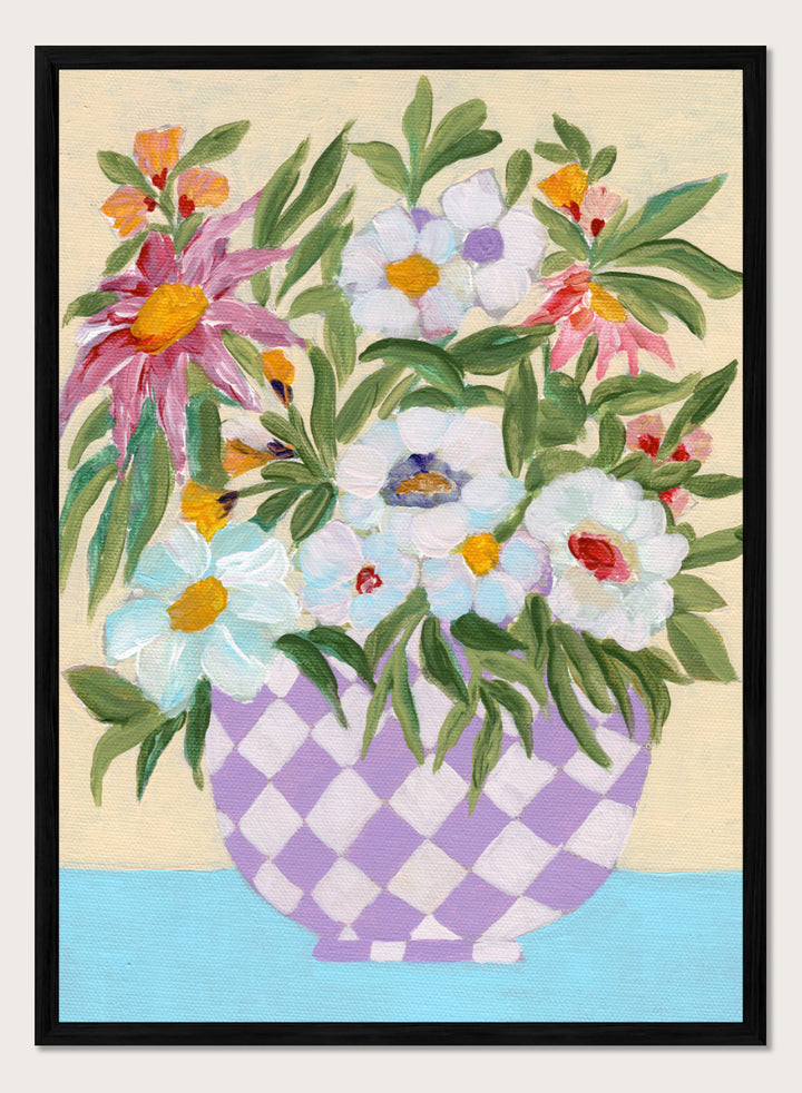 Shop Cheerful Flower Bouquet by Nikita Jariwala, a floral wall art print poster featuring a colorful flower arrangement in a purple checkered vase.