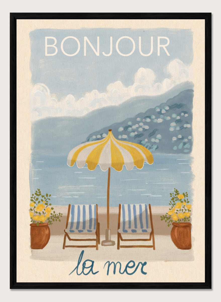 A vintage-style illustrated poster or print showing a beach scene with two striped lounge chairs under a yellow-and-white umbrella, potted plants, blue water, and mountains in the background. The words &